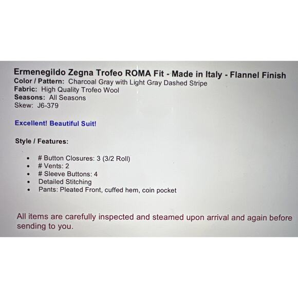 Ermenegilzo Zegna Trofeo Mens 46R 36x29 ROMA Gray Stripe Flannel Suit 3/2 Roll - Picture 4 of 16